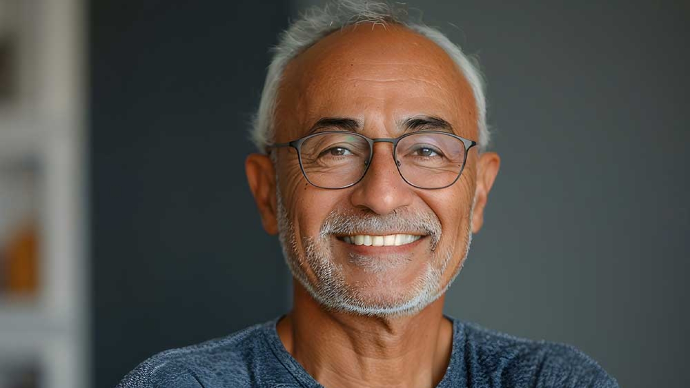 A man smiling wearing a pair of glasses