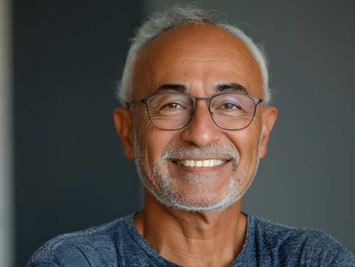 A man smiling wearing a pair of glasses